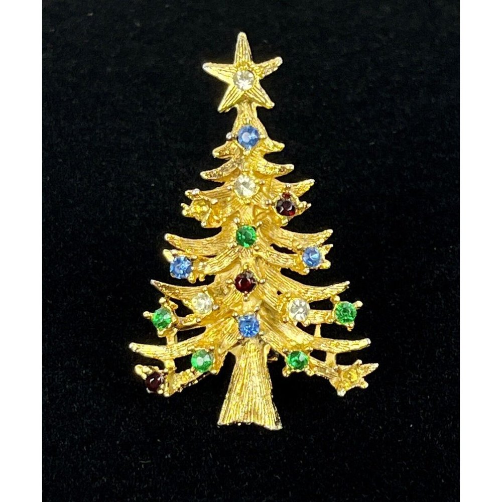 Laurentian Vintage LJM Signed Gold Tone Rhinestone Christmas Tree Brooch